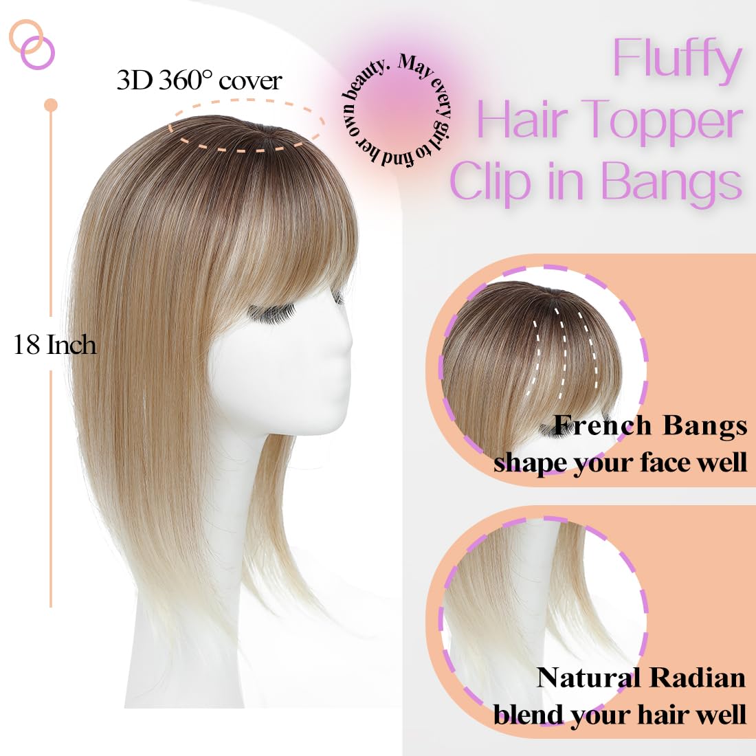 JQM Hair Topper Clip in Bangs, 18 Inch 3D 360° Cover Hair Toppers for Women with Thinning (Ombre Light Brown to Blonde) - Image 5