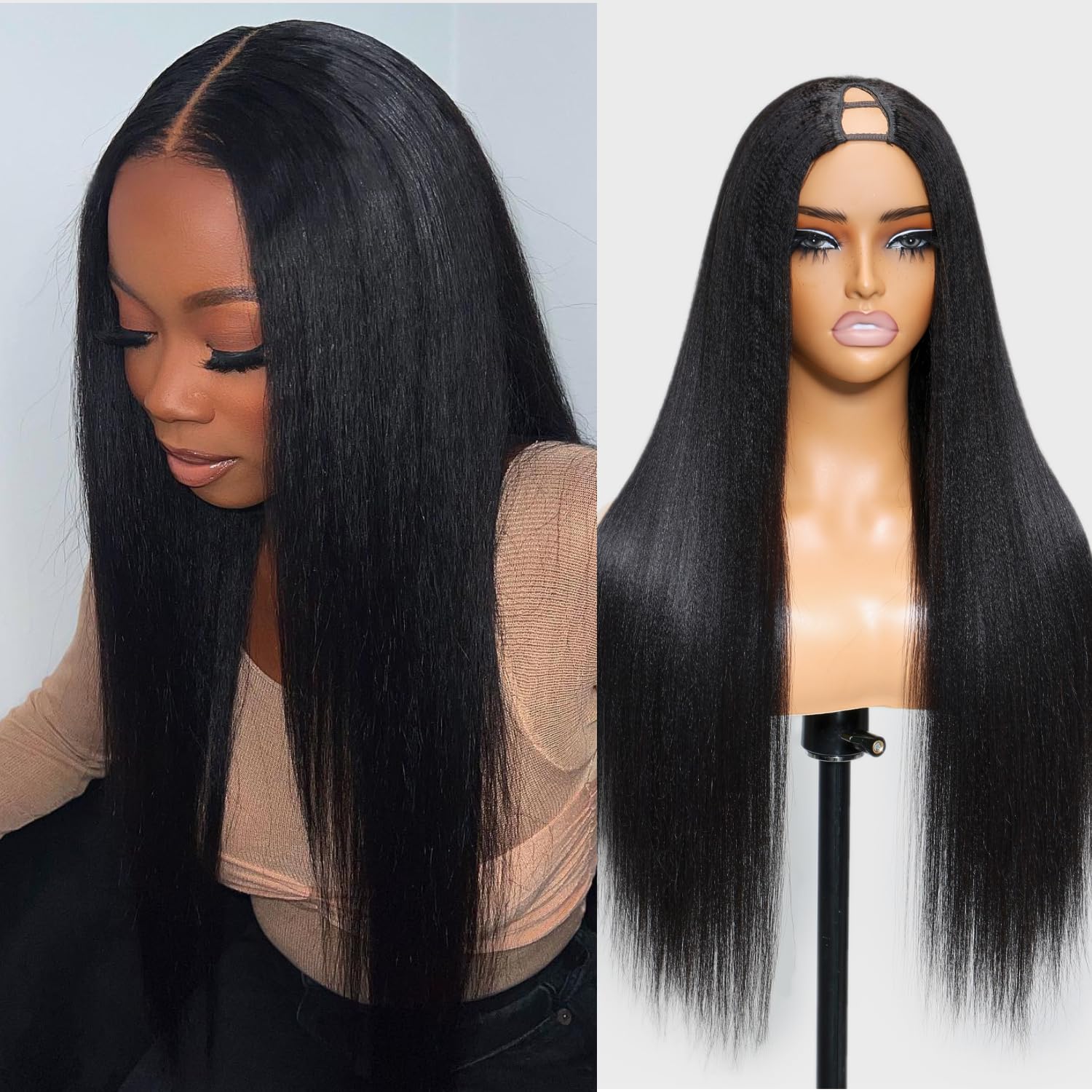 Julia Hair V Part Wig Human Hair Yaki Straight Glueless Wigs for Women 12A Briazilian Remy Hair Upgrade U Part Wig No Glue No Leave Out Beginner Friendly Natural Color 18 Inch Yaki Wig