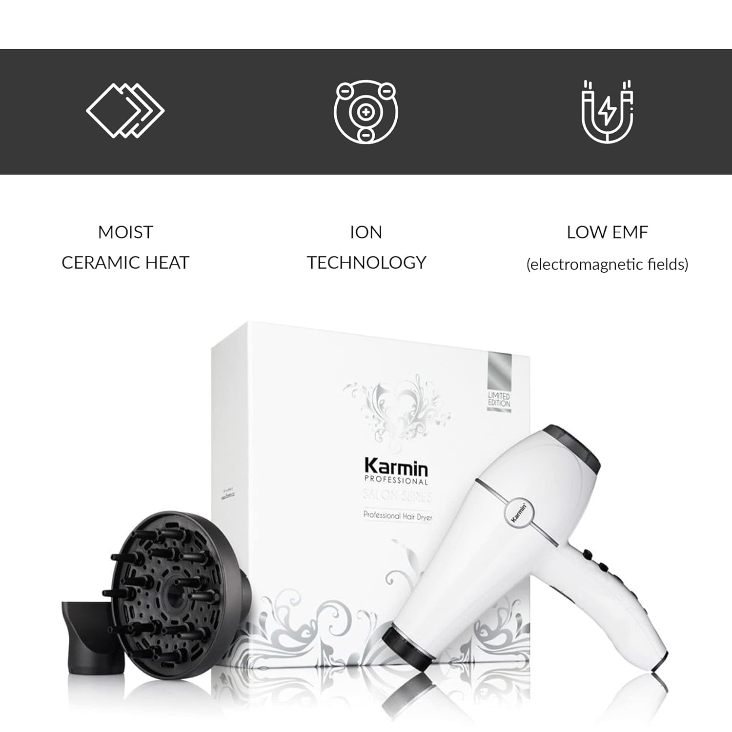 KARMIN Salon Series Professional Ionic Hair Dryer, Positive Negative Ion, Ceramic Blow Dryer, Lightweight, Fast Dry, 2 Speed 3 Heat Settings, 1800 Watt, with Ionic Tourmaline Concentrator, Diffuser - Image 2