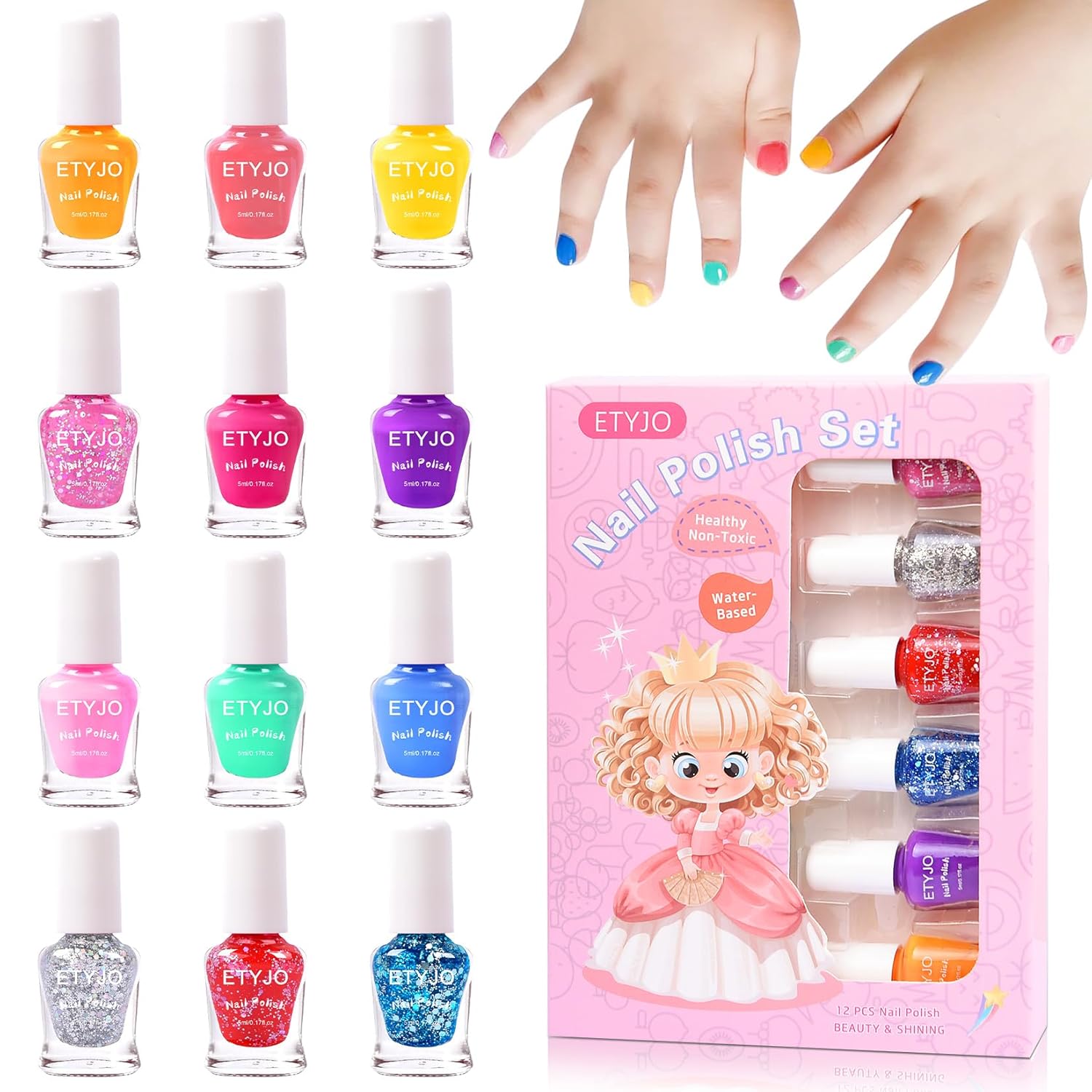 Kids Nail Polish Non-Toxic Nail Polishs 12 Colors Glitter Kids Nail Polish Set for Girls, Water-Based Peel-off Quick-Drying Nail Polish Toddler Perfect Birthday Gifts