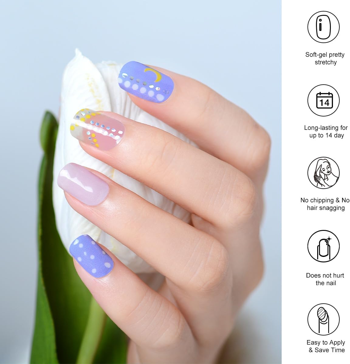KING HORSE 22pcs Multicolor Polka Dot Gel Nail Stickers Long Lasting UV Free Nail Strips - Image 3