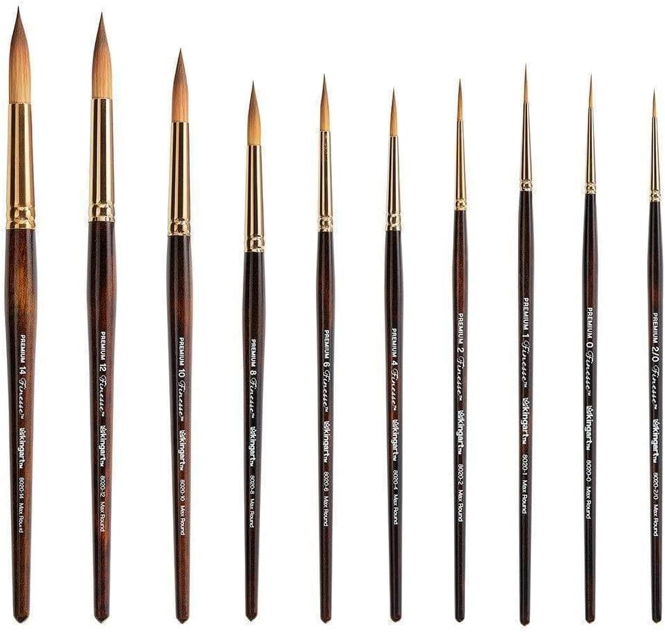 KINGART 1010C Premium 10 Pc. / Sizes Finesse 8020 Series Ultra Round Watercolor Artist Brush Set, Synthetic Kolinsky Sable Blend, Short Handle, Gift Boxed - Image 2