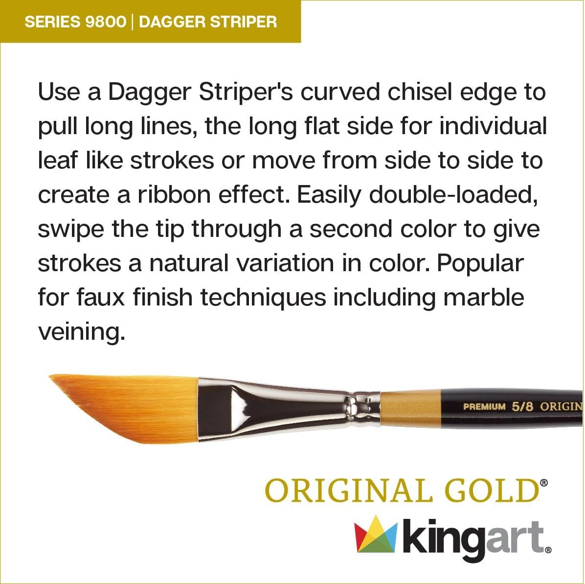 KINGART B-026 Premium 4 pc. Original Gold 9800 Series Dagger Striper Artist Brush Set, Synthetic Golden TaklonHair for Acrylic, Oil, Gouache Paint, Short Handle, 4 Sizes: 1/8", 1/4", 3/8", 1/2" - Image 2