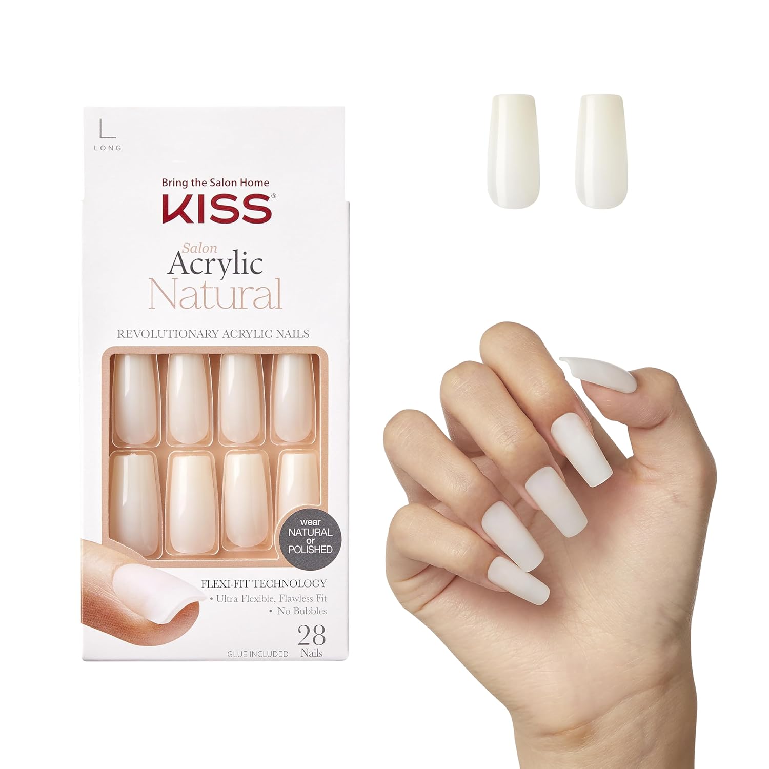 KISS Salon Acrylic Natural Fake Nails, ‘Bareskinned’, 28 Acrylic-Infused, Bubble-Free, Flexible, Durable, False Glue-On Nails