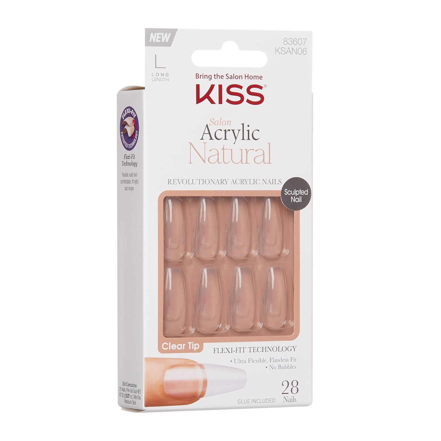 KISS Salon Acrylic Natural Nails, Clear Tip, Long, Ultra-Smooth Finish, DIY At-Home Manicure Kit with Pink Gel Nail Glue, Mini File, Manicure Stick, and 28 Nails in 14 sizes - Image 4