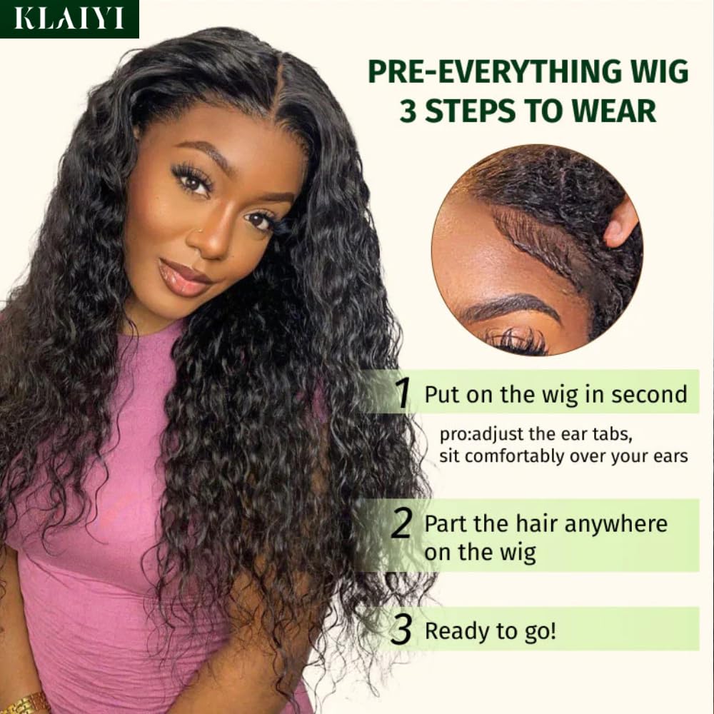KLAIYI Pre Everything 13x4 Glueless Lace Front Wig Human Hair Water Wave Bye Bye Knots Put On and Go Wig Pre Cut Lace Pre Bleached Pre Plucked 30S Easy To Wear Beginner Curly Wig with Baby Hair 24Inch - Image 7