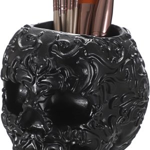 Kokone Gothic Skull Pen Holder and Planter with Drainage for Home Decor and Office, Black Resin Skull Makeup Brush Holder for Vanity and Succulent Pots for Indoor and Outdoor
