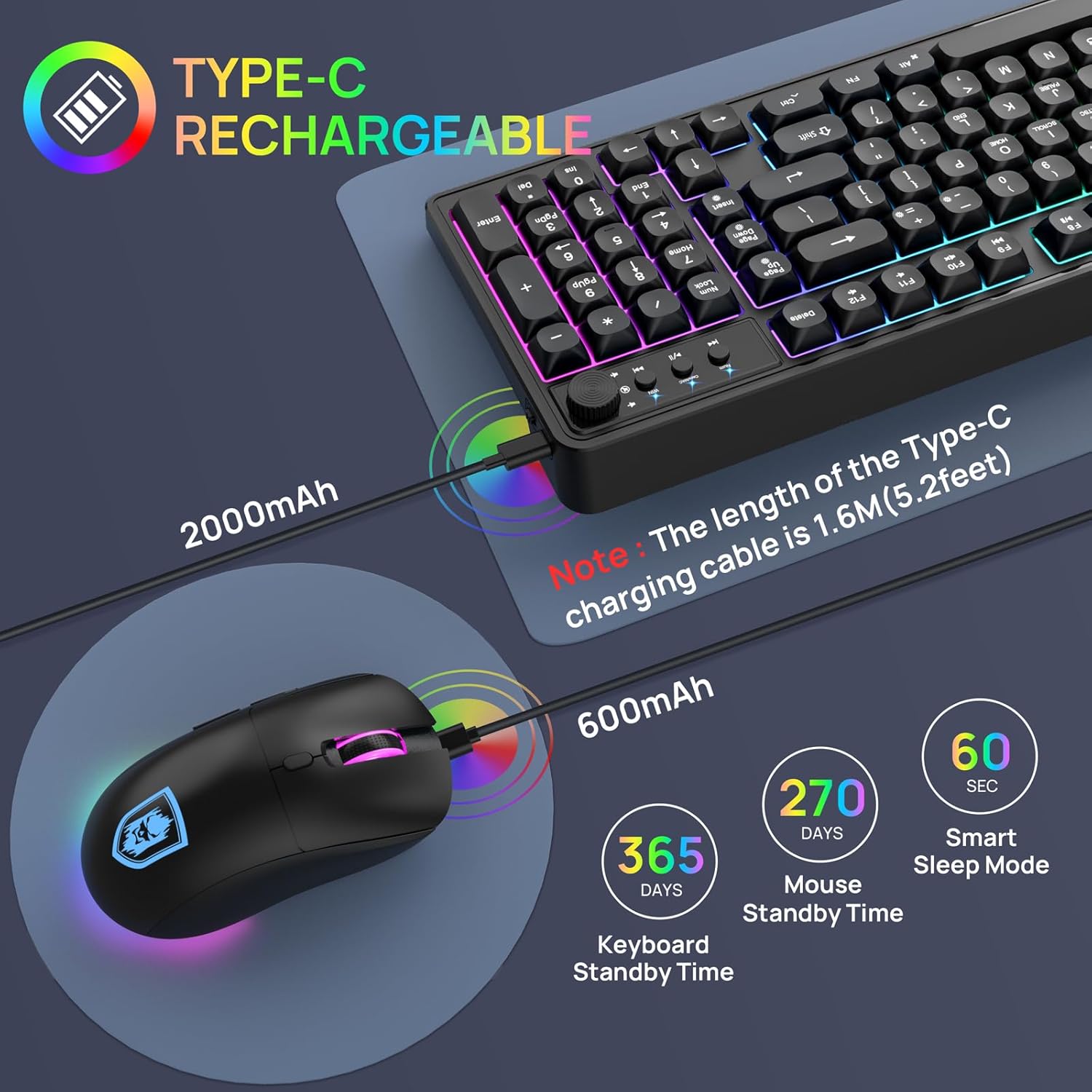 KOLMAX BT98 Wireless Keyboard and Mouse Combo,Triple Mode 2.4G/Wired/Bluetooth Gaming Keyboard and Mouse,Rechargeable Ergonomic RGB Backlit Light Up Keyboard Mouse with Knob for PC/Mac/Tablet - Image 6