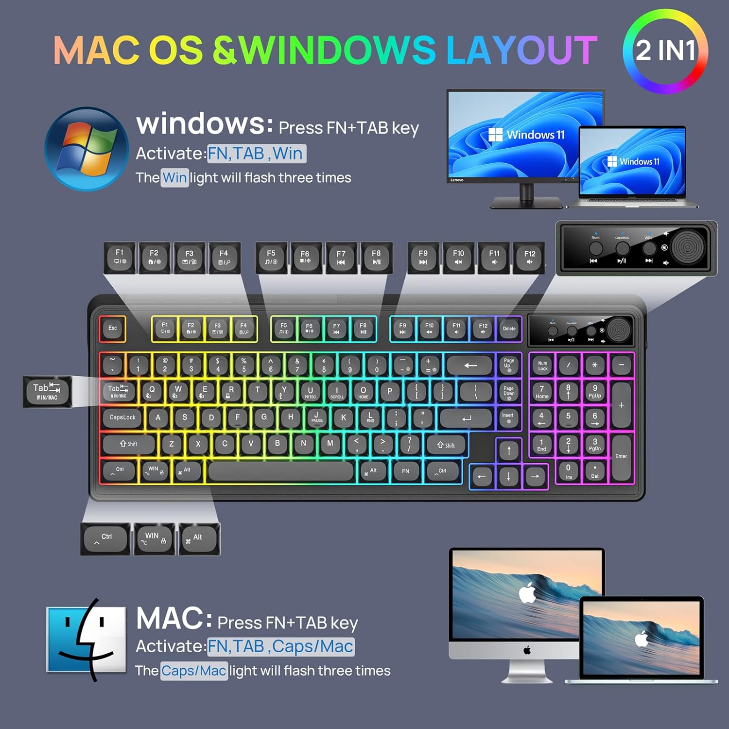 KOLMAX BT98 Wireless Keyboard and Mouse Combo,Triple Mode 2.4G/Wired/Bluetooth Gaming Keyboard and Mouse,Rechargeable Ergonomic RGB Backlit Light Up Keyboard Mouse with Knob for PC/Mac/Tablet - Image 5