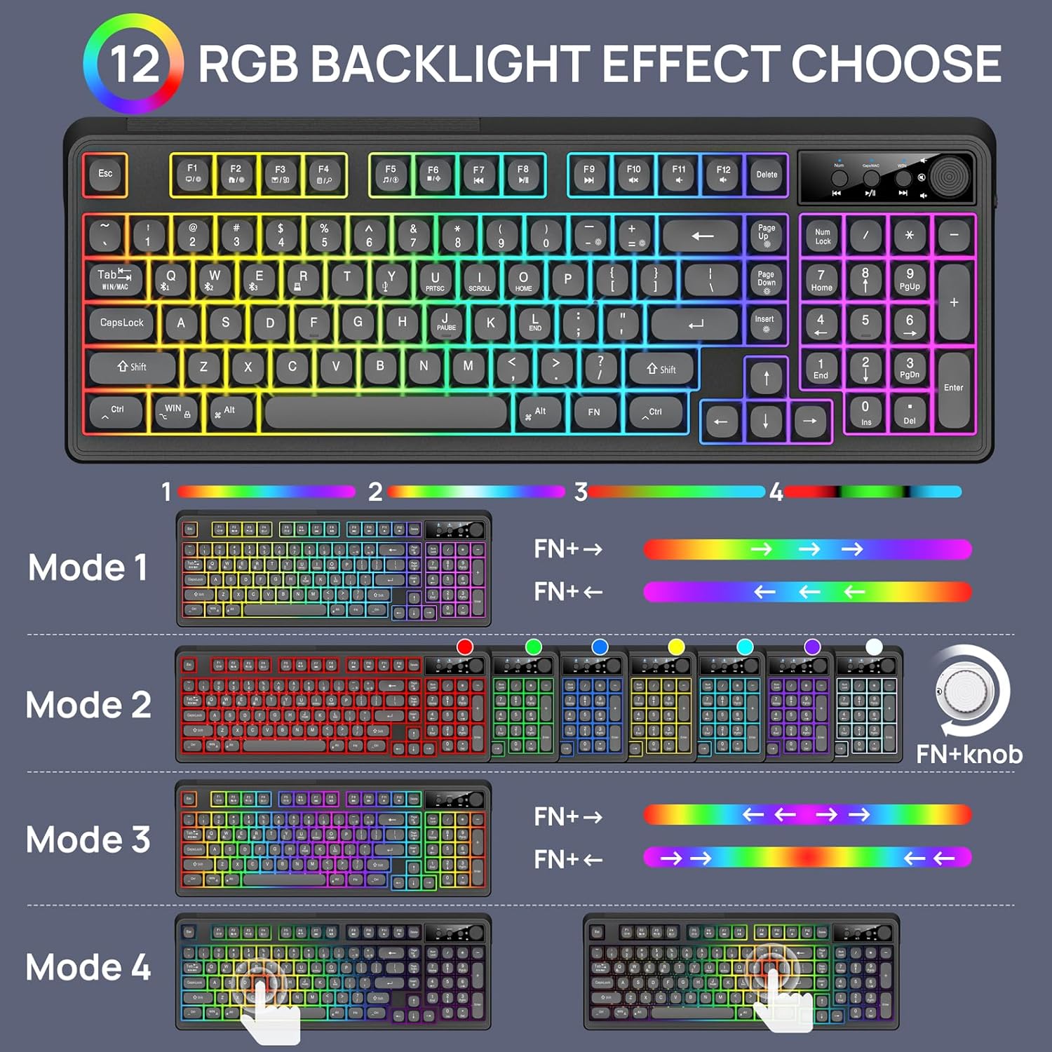 KOLMAX BT98 Wireless Keyboard and Mouse Combo,Triple Mode 2.4G/Wired/Bluetooth Gaming Keyboard and Mouse,Rechargeable Ergonomic RGB Backlit Light Up Keyboard Mouse with Knob for PC/Mac/Tablet - Image 4