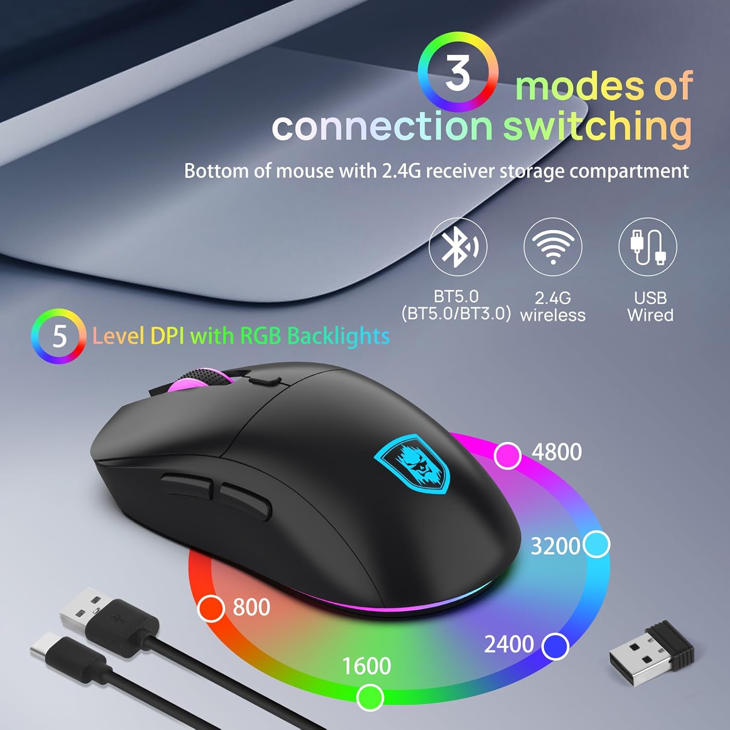 KOLMAX BT98 Wireless Keyboard and Mouse Combo,Triple Mode 2.4G/Wired/Bluetooth Gaming Keyboard and Mouse,Rechargeable Ergonomic RGB Backlit Light Up Keyboard Mouse with Knob for PC/Mac/Tablet - Image 3