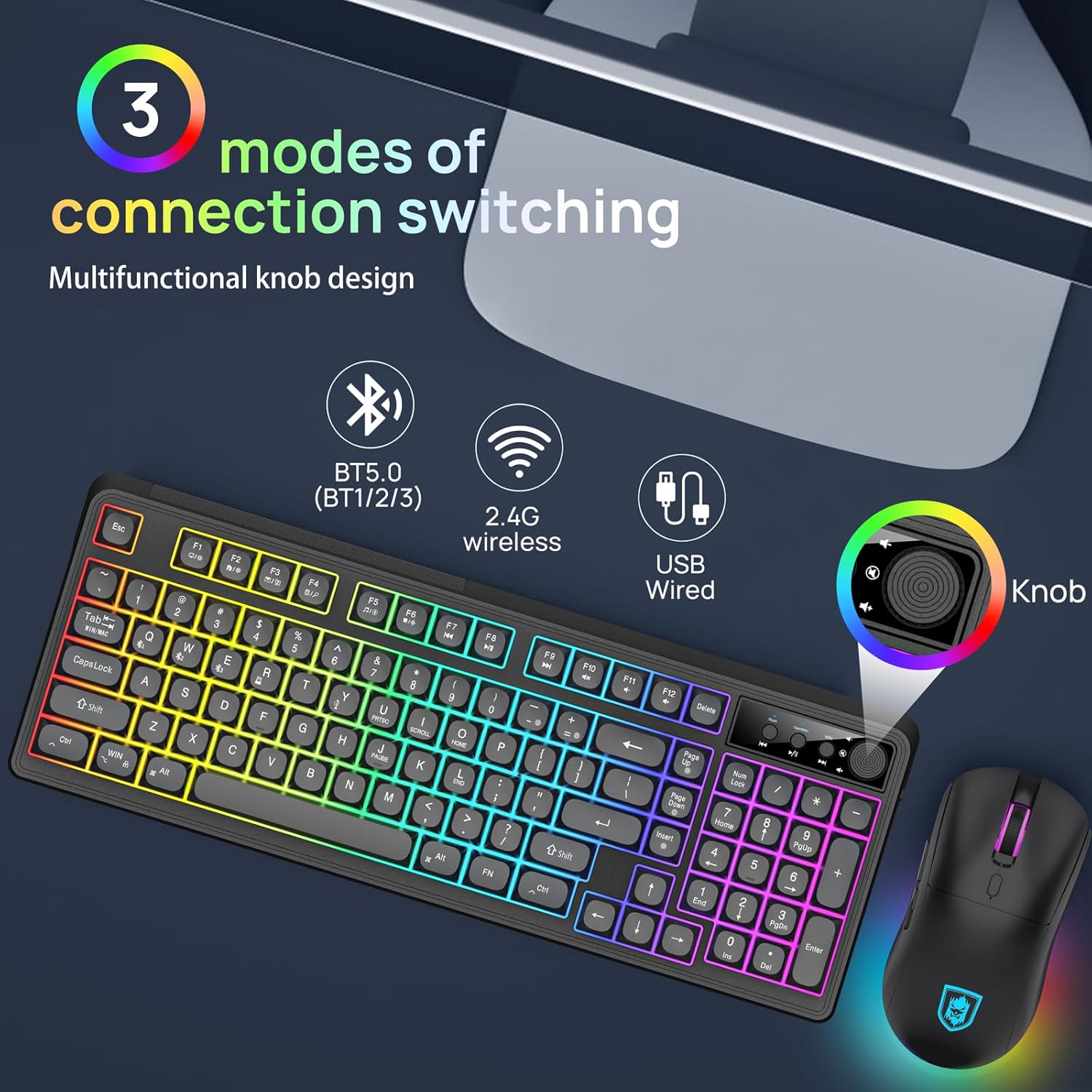 KOLMAX BT98 Wireless Keyboard and Mouse Combo,Triple Mode 2.4G/Wired/Bluetooth Gaming Keyboard and Mouse,Rechargeable Ergonomic RGB Backlit Light Up Keyboard Mouse with Knob for PC/Mac/Tablet - Image 2