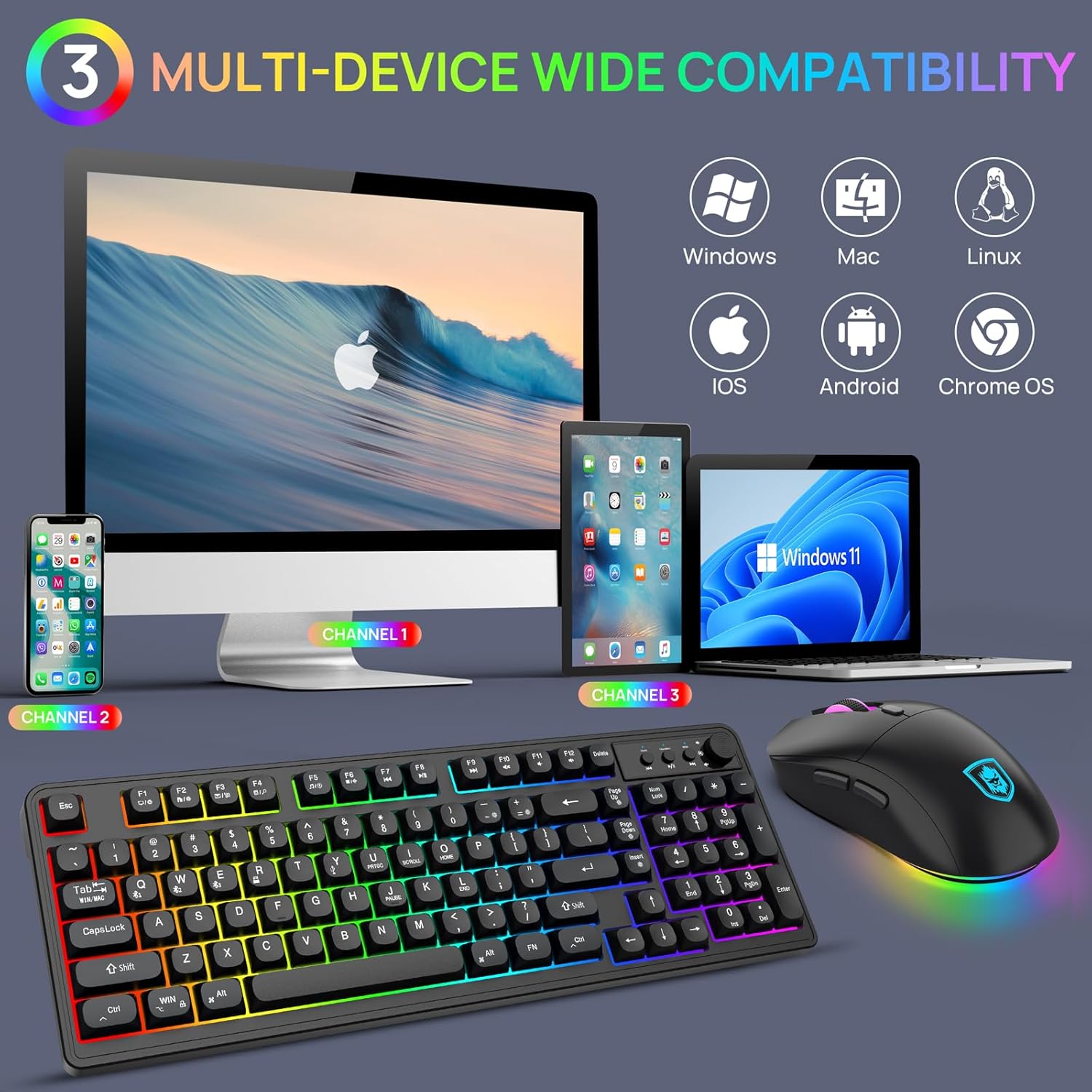 KOLMAX BT98 Wireless Keyboard and Mouse Combo,Triple Mode 2.4G/Wired/Bluetooth Gaming Keyboard and Mouse,Rechargeable Ergonomic RGB Backlit Light Up Keyboard Mouse with Knob for PC/Mac/Tablet - Image 7