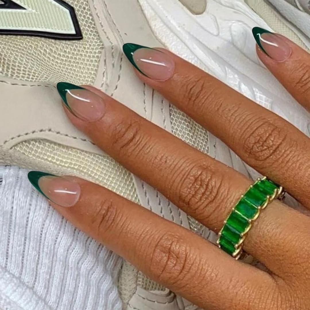 KQueenest 30 Pcs Dark Green French Tip Press on Nails Short Almond Nails Acrylic, Medium Natural Nude Fake Nails Press ons, Classic French Glue on Nails Short, French Tip Nails for Women Daily Wear - Image 2