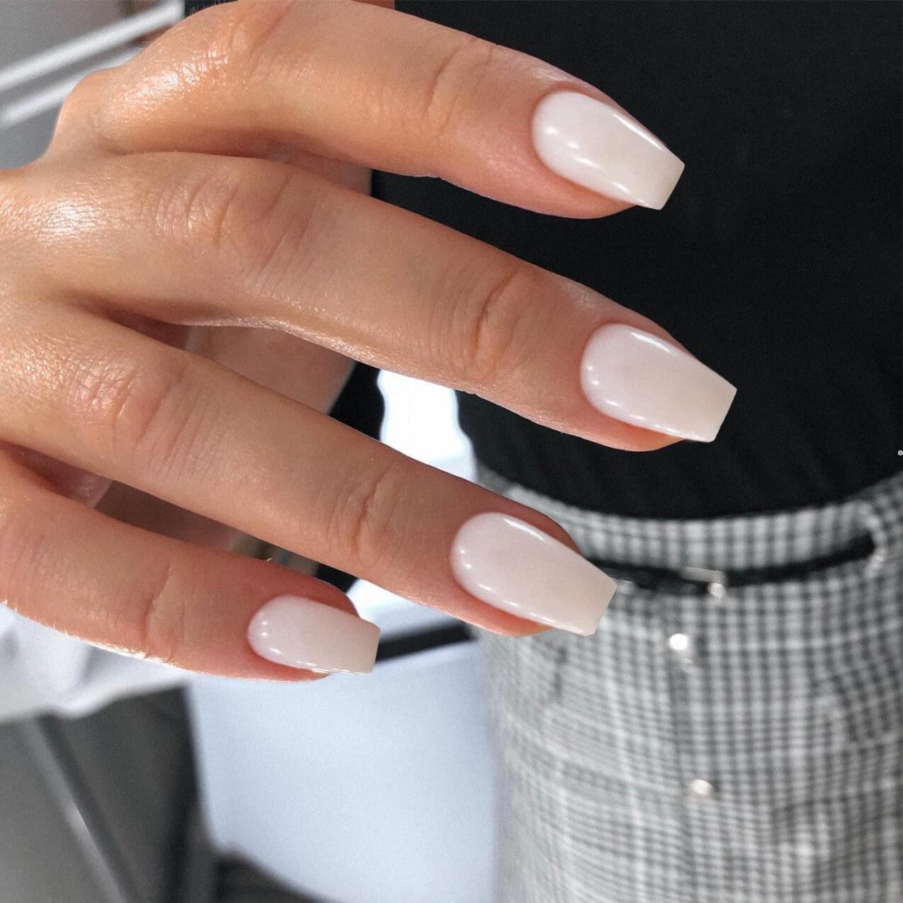 KQueenest Acrylic Press on Nails Short Medium Coffin, Milky White Solid Color Fake Nails Nails Press ons, Short Ballerina Glue on Nails With Glazed Finish, Simple Stick on Nails False Nails For Women - Image 2