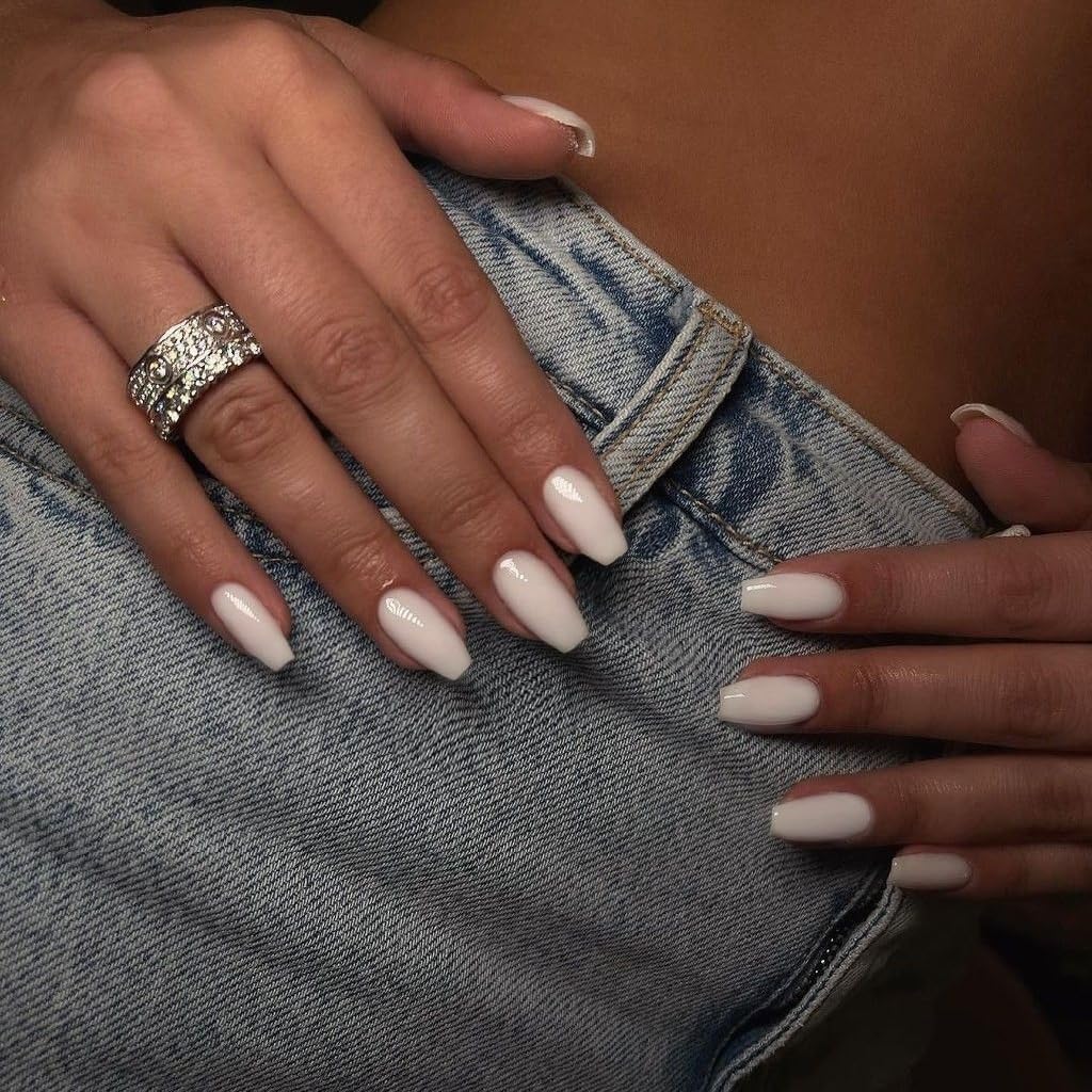 KQueenest Acrylic Press on Nails Short Medium Coffin, Milky White Solid Color Fake Nails Nails Press ons, Short Ballerina Glue on Nails With Glazed Finish, Simple Stick on Nails False Nails For Women - Image 3