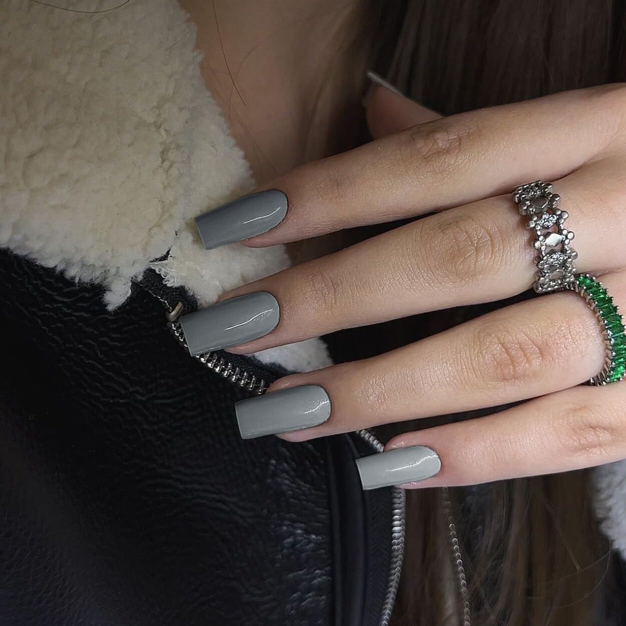 KQueenest Dark Grey Press on Nails Long Medium Square, Glossy Solid Fake Nails Press ons, Glue on Nails Medium Coffin, Gel Square Tip Nails, Acrylic Nails False Nails for Women Daily Wear, 24 Pcs - Image 2