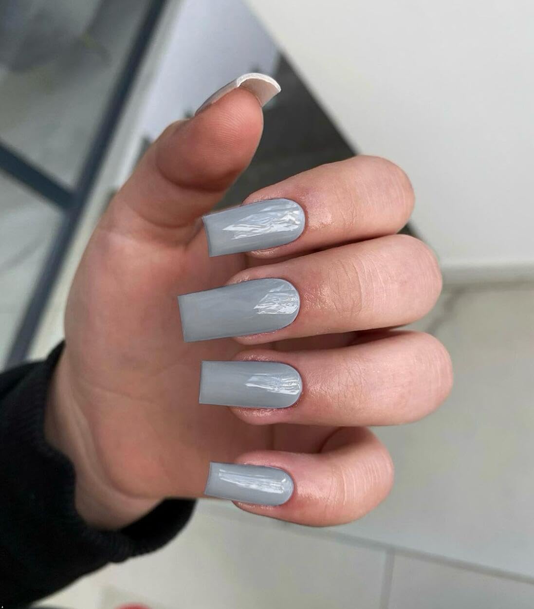 KQueenest Dark Grey Press on Nails Medium Long Square, Acrylic Fake Nails Natural, Long Coffin Nails Press on, Thick Glue on Nails Long, DIY Salon Manicure for Girls - Image 2