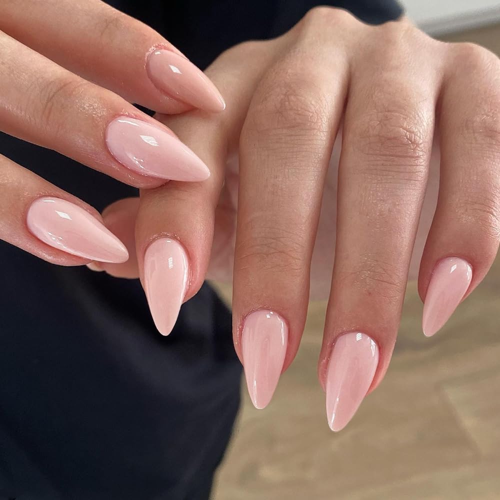 KQueenest Dusty Pink Press on Nails Medium Almond, Gel Fake Nails Press on, Glue on Nails Medium Length, Neutral Stiletto Acrylic Nails, Reusable False Nails with UV Coating for DIY Manicure in 24 Pcs - Image 2