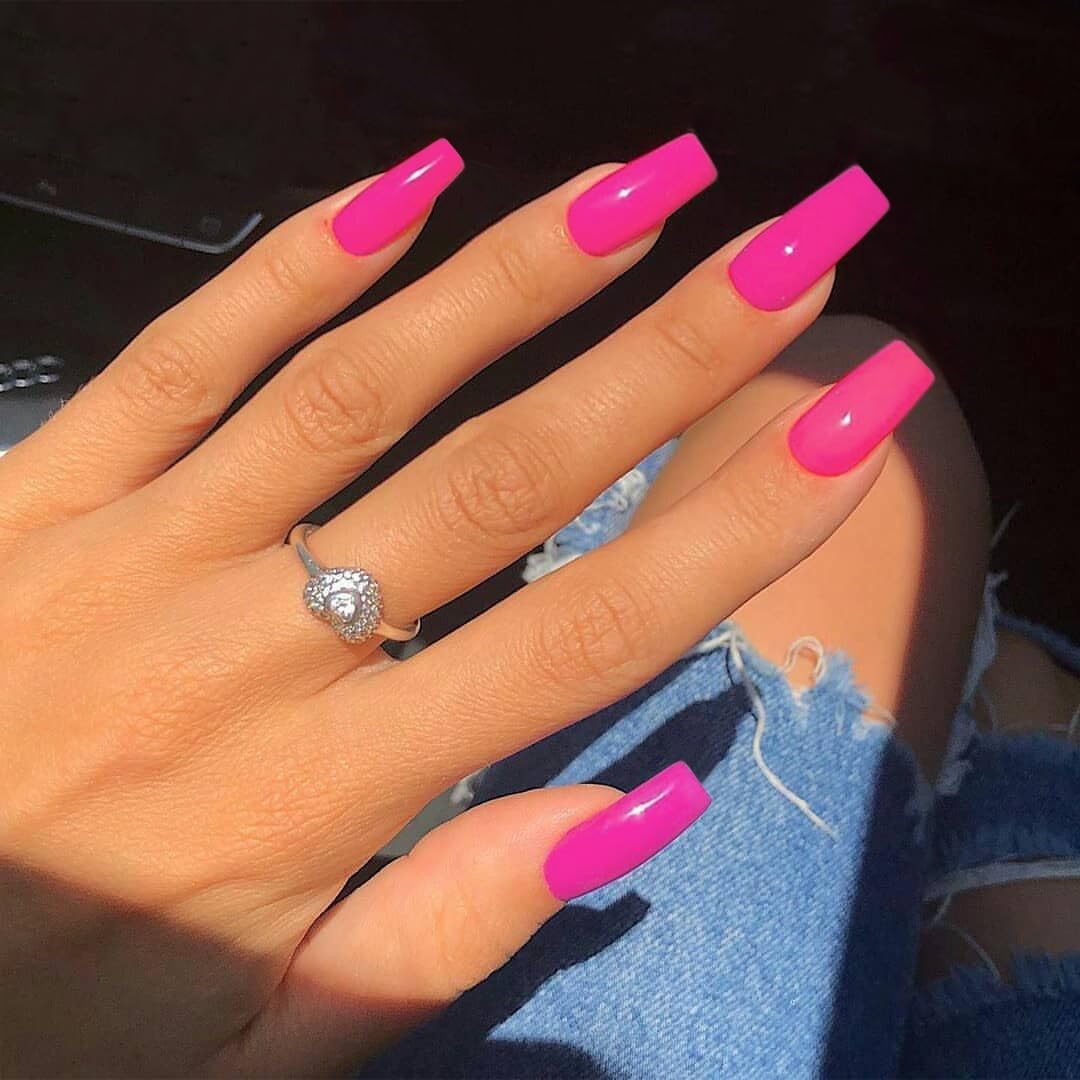 KQueenest Long Medium Press On Nails Coffin Nails Press Ons Gloss, Vibrant Hot Pink Color Full Cover Long Fake Nails For Women, Thick Gel Square Tip Nails Acrylic False Nails Set, 24 Pcs - Image 2