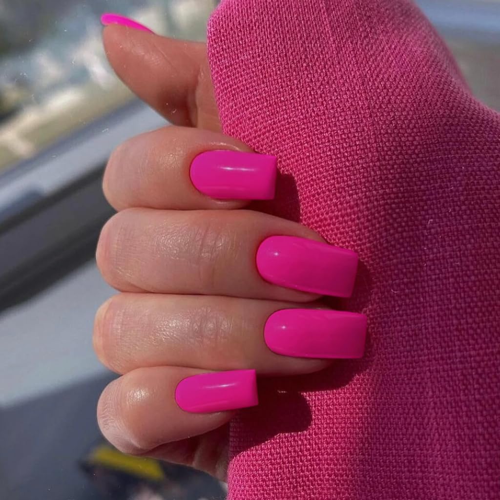 KQueenest Long Medium Press On Nails Coffin Nails Press Ons Gloss, Vibrant Hot Pink Color Full Cover Long Fake Nails For Women, Thick Gel Square Tip Nails Acrylic False Nails Set, 24 Pcs - Image 3