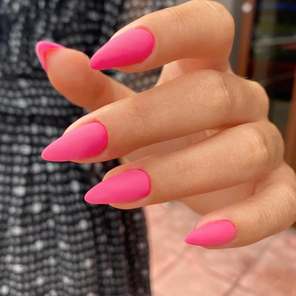 KQueenest Matte Hot Neon Pink Press on Nails Medium Almond Stiletto Gel Fake Nails Glue on Medium Pure Color Acrylic Nails Press ons Feature Protective UV Coating in 24PCS - Image 3