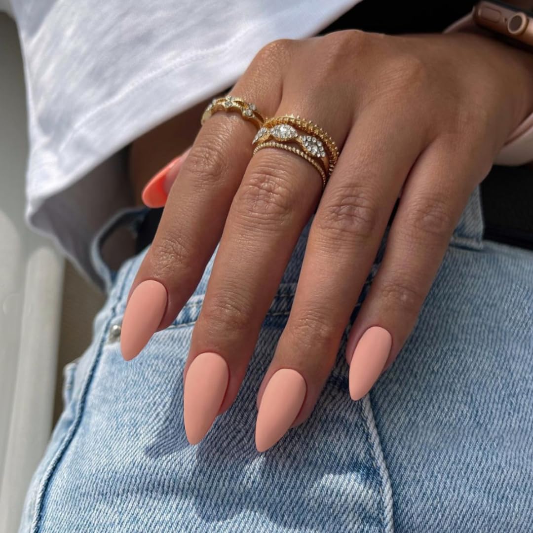 KQueenest Matte Peach Nude Press on Nails Medium Almond Stiletto Gel Fake Nails Medium Pure Color Acrylic Nails Press ons Stick on Nails for Women Feature Protective UV Coating in 24PCS - Image 2