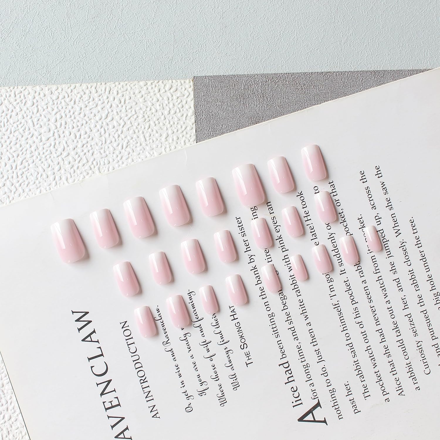 KQueenest Ombre Pink Press on Nails Short Medium Square Glue on Nails White and Pink, French Fake Nails Short Coffin, Spring Acrylic Nails Press on, Gradient Gel Nails For Women False Nails 24 Pcs - Image 3