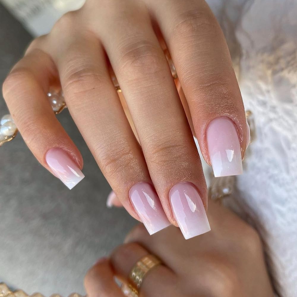 KQueenest Ombre Pink Press on Nails Short Medium Square Glue on Nails White and Pink, French Fake Nails Short Coffin, Spring Acrylic Nails Press on, Gradient Gel Nails For Women False Nails 24 Pcs - Image 2