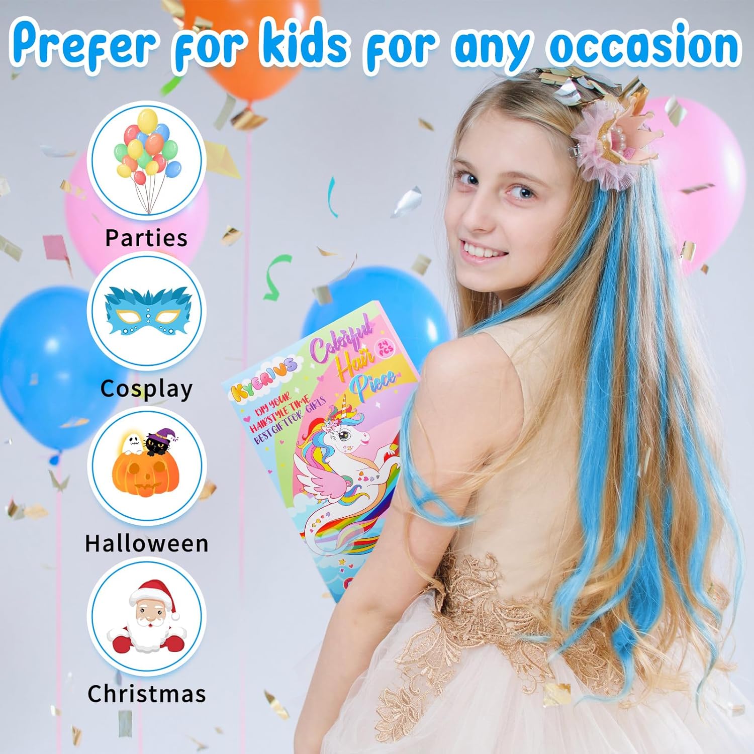 Kyerivs 24PCS Blue Hair Extensions for Girls 20Inch Rainbow Clip in Straight Synthetic Hairpieces Stocking Stuffers for Girls Party Highlights Colorful Hair Accessories Halloween Gifts for Women - Image 4