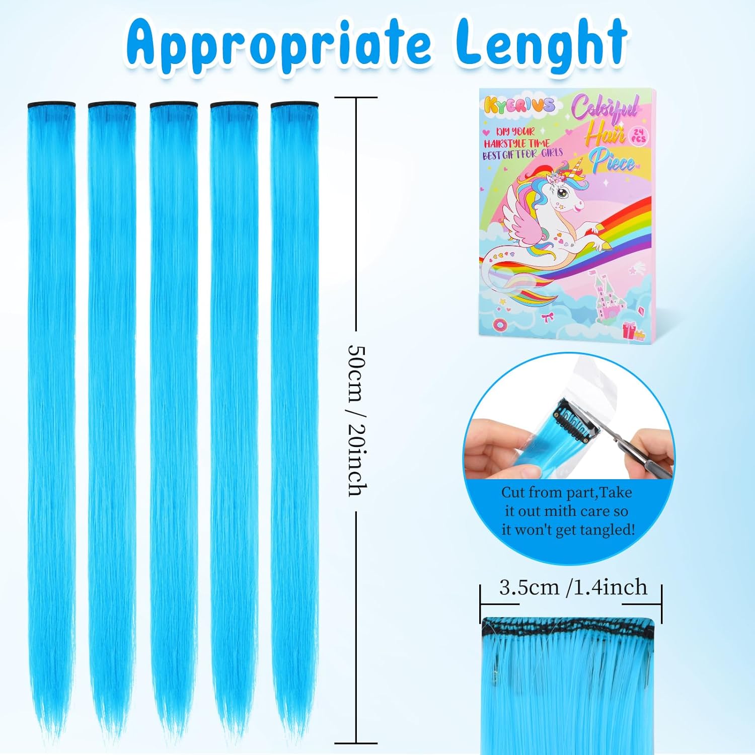 Kyerivs 24PCS Blue Hair Extensions for Girls 20Inch Rainbow Clip in Straight Synthetic Hairpieces Stocking Stuffers for Girls Party Highlights Colorful Hair Accessories Halloween Gifts for Women - Image 3
