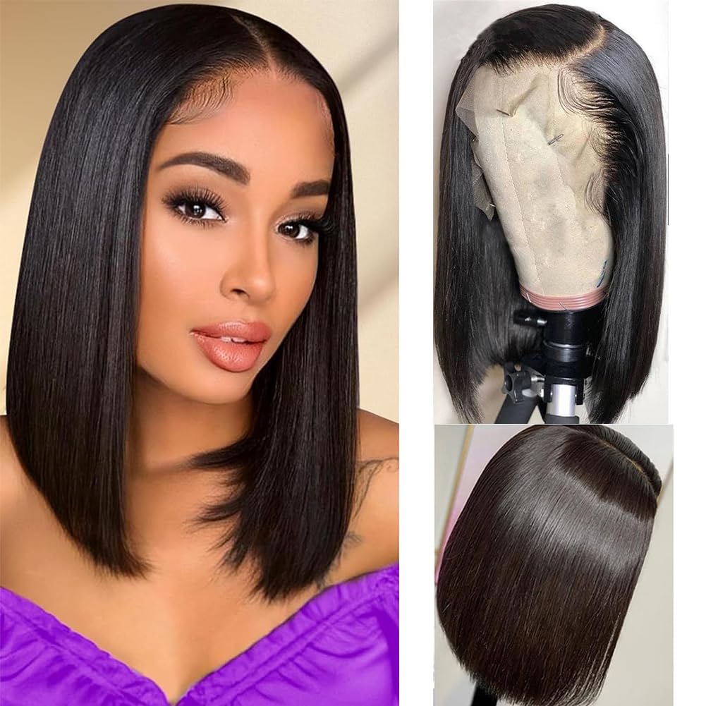 Lace Front Bob Wigs Human Hair 13x4 HD Lace Glueless Bob Wig Human Hair Short Straight Frontal Bob Wigs for Women Pre Plucked with Baby Hair Side Part 180% Density Natural Black 14 Inch
