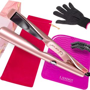 LANDOT 2-in-1 Flat Iron Curling Iron | 30s Heat-Up 12 Temp Settings & Ceramic Coating | Salon-Perfect Straightening & Curling | Tangle-Free Design with Heat-Resistant Mat