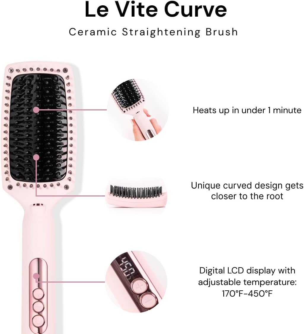 L'ANGE HAIR Le Vite Curve Ceramic Straightening Brush | Heated Straightener Flat Iron for Smooth, Anti Frizz Hair | for All Hair Lengths | Hot Styling Brush for Effortless Straightening (Blush) - Image 2