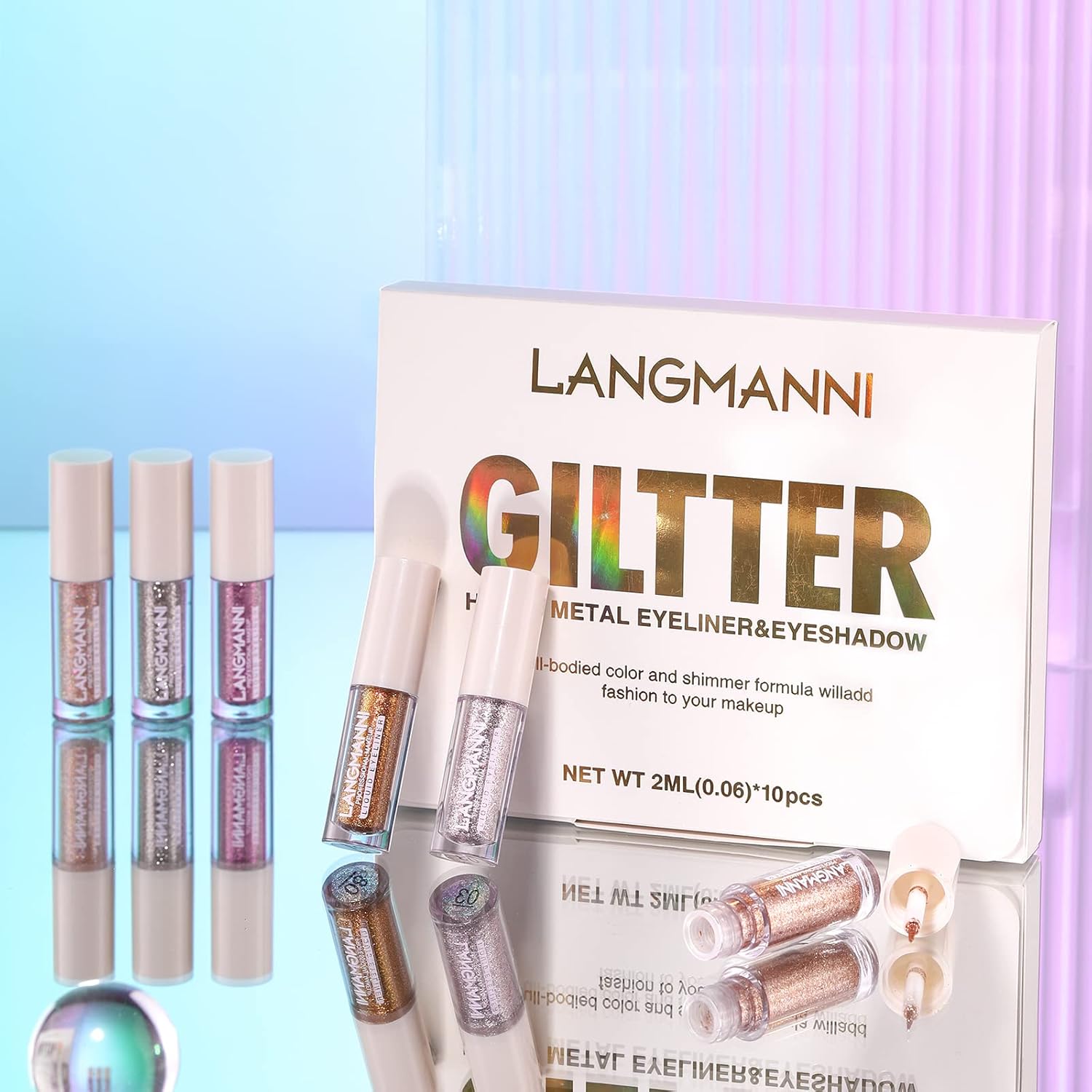 LANGMANNI 10Pcs Liquid Glitter Eyeshadow Korean Makeup Set, Shimmer,Pigmented,Long Lasting,Quick Drying,Easy to Apply Crystals Glitter Eyeshadow (10pcs Set) - Image 3