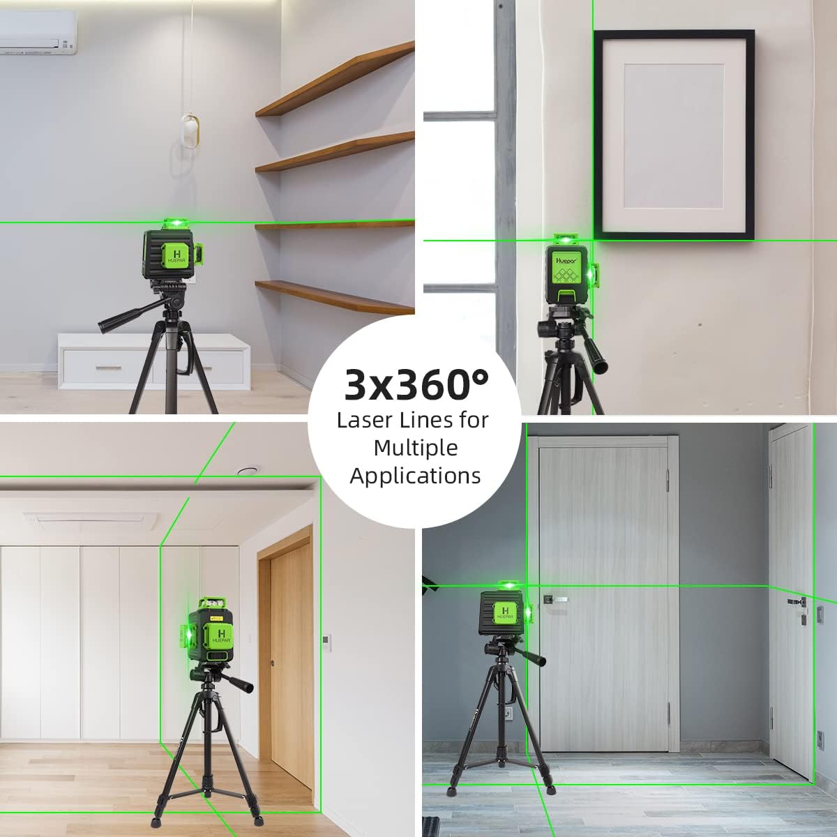 Laser Level 360 Self Leveling with 47" Tripod, Huepar 3x360° High Brightness Green Laser Leveler Tool for Construction, Tile and Picture Hanging, 5200 mAh Li-ion Battery & 2 Portable Bag Included - Image 3
