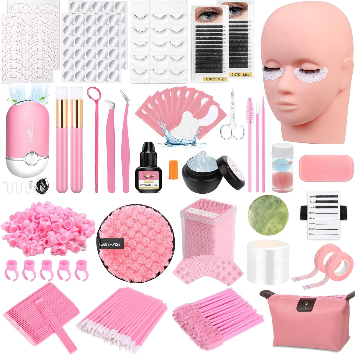 Lashes Kit for Eyelash Extension Beginner Lash Tech Starter Kit with Lash Mannequin Head, Professional Eyelash Extension Kit with Lash Fan, Extension Glue for Practice Training