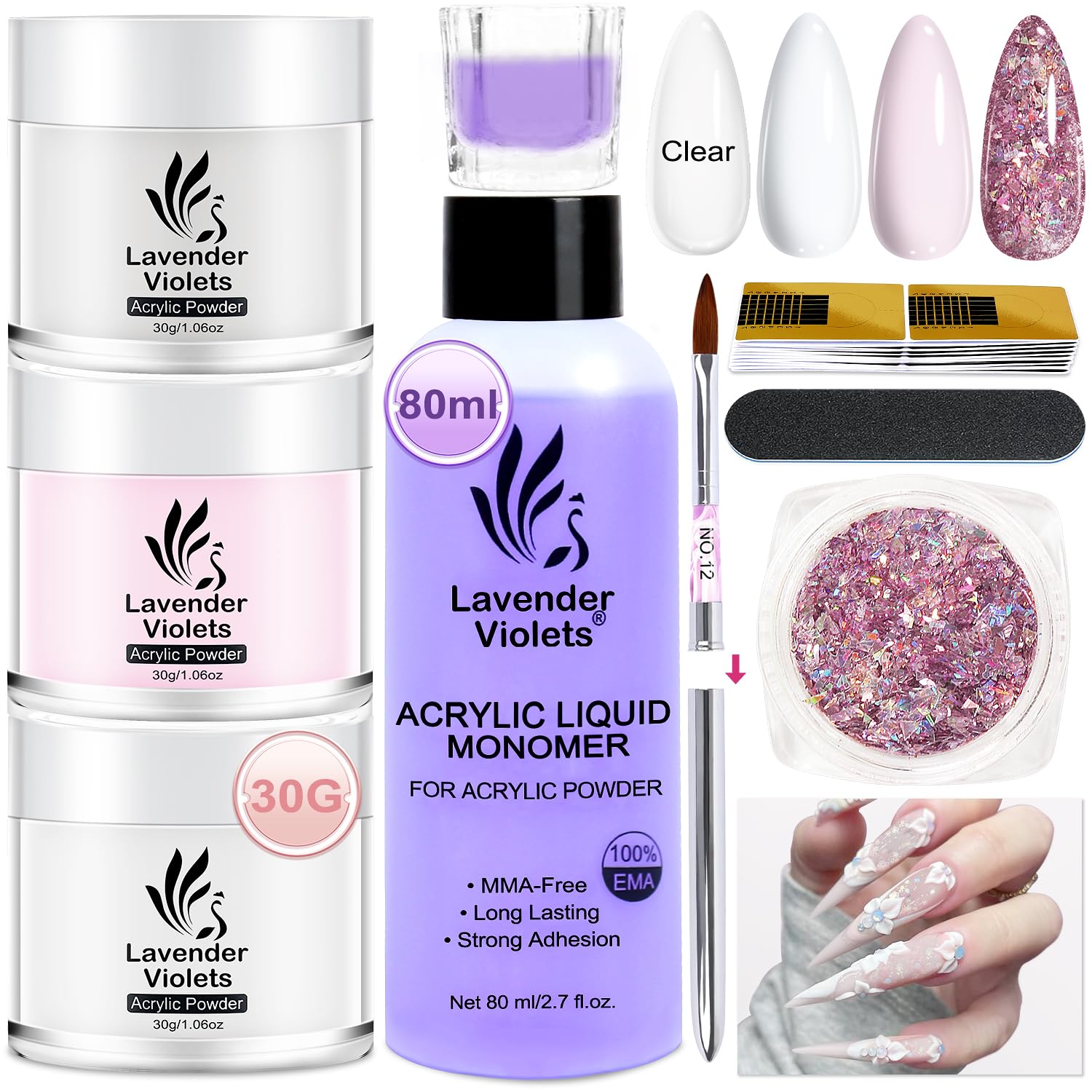 LAVENDER VIOLETS Acrylic Nail Kit - 30g x3 Clear, White, Pink Powder & 80ml Monomer Liquid Set with Carving Brush, Nail Forms, Foil Flakes N302