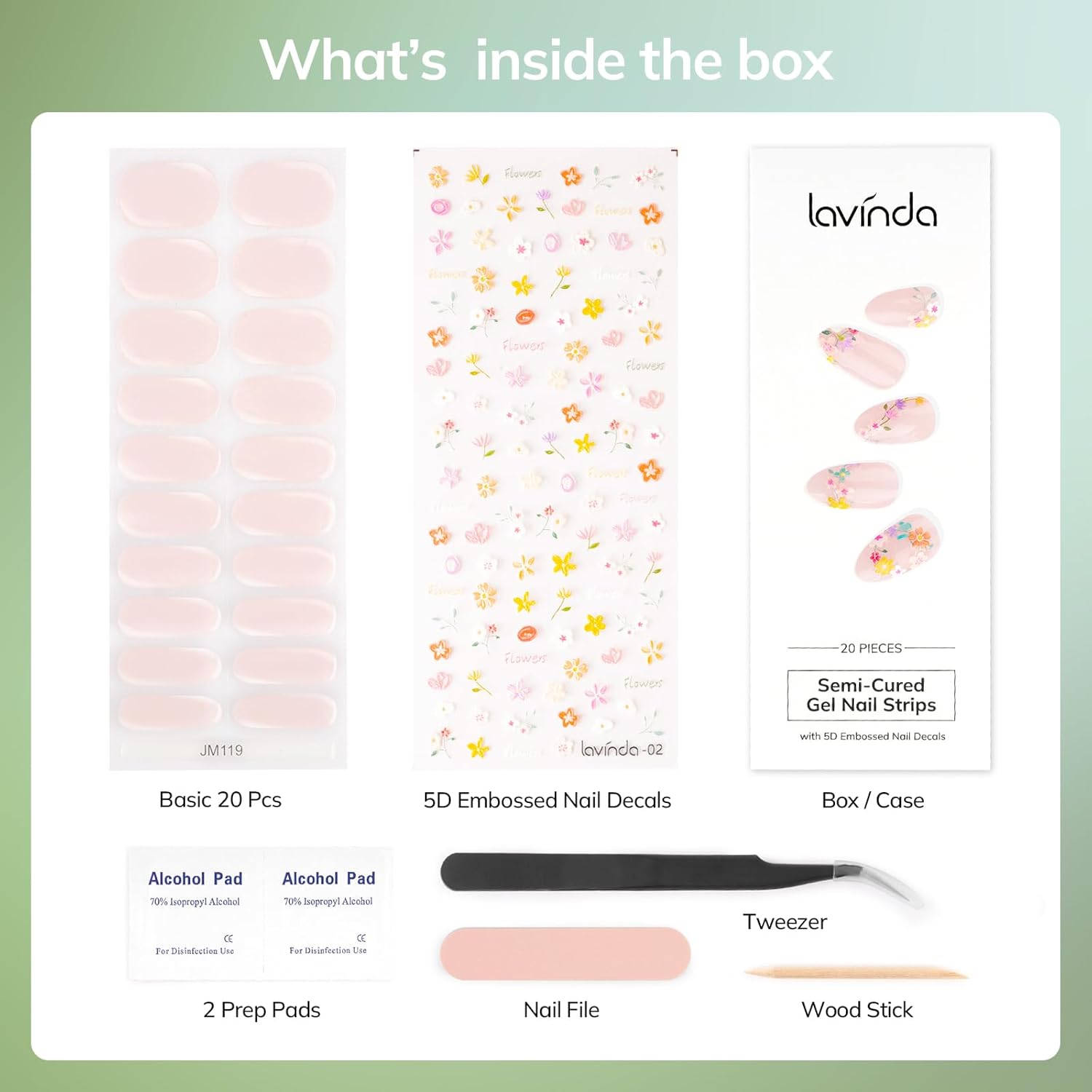 Lavinda Semi-Cured Gel Nail Strips – 20 Pcs UV Gel Nail Wraps with 5D Embossed Floral Nail Art Stickers, Self-Adhesive Nail Decals for Women, Includes Prep Kit & Tweezers - Image 7