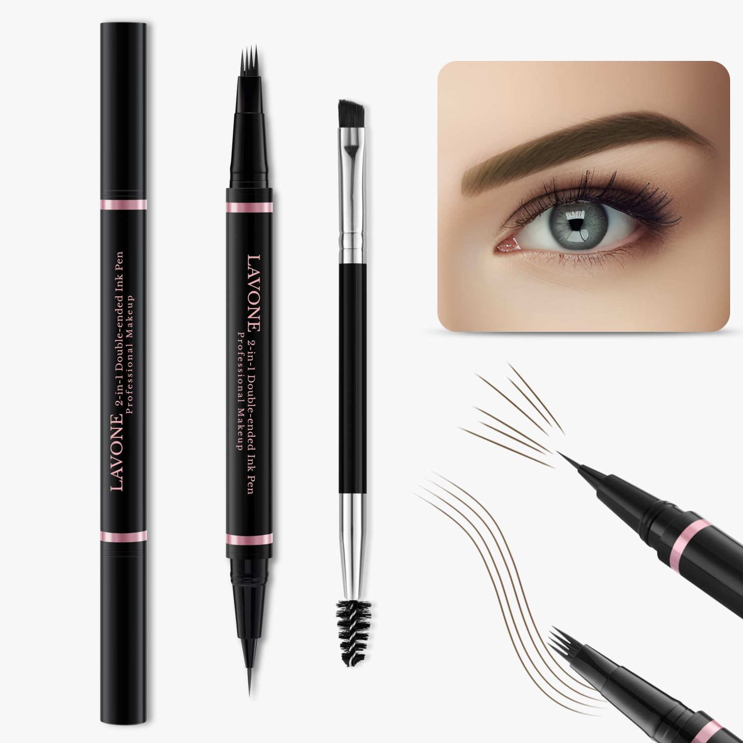 LAVONE Eyebrow Pencil Makeup Kit, with Waterproof 2-IN-1 Microblading Eyebrow Pen, Eyebrow Pomade, Eyeliner and Dual-ended Eyebrow Brush, Brow Pencil Kit for Natural Eyebrows - Ash Brown - Image 2