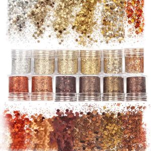 Laza Autumn Nail Glitter, 12 Colors Acrylic Nails Art Glitter Powder Sequin, Retro Copper Iridescent Flake Paillette Sparkle Tip 120g for Gel Polish, Face, Eyes, Body, Hair, Jewelry, Resin -Golden Age