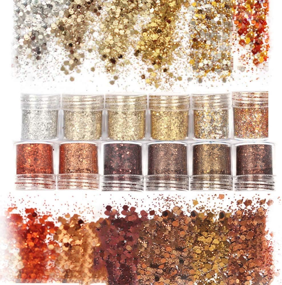 Laza Autumn Nail Glitter, 12 Colors Acrylic Nails Art Glitter Powder Sequin, Retro Copper Iridescent Flake Paillette Sparkle Tip 120g for Gel Polish, Face, Eyes, Body, Hair, Jewelry, Resin -Golden Age