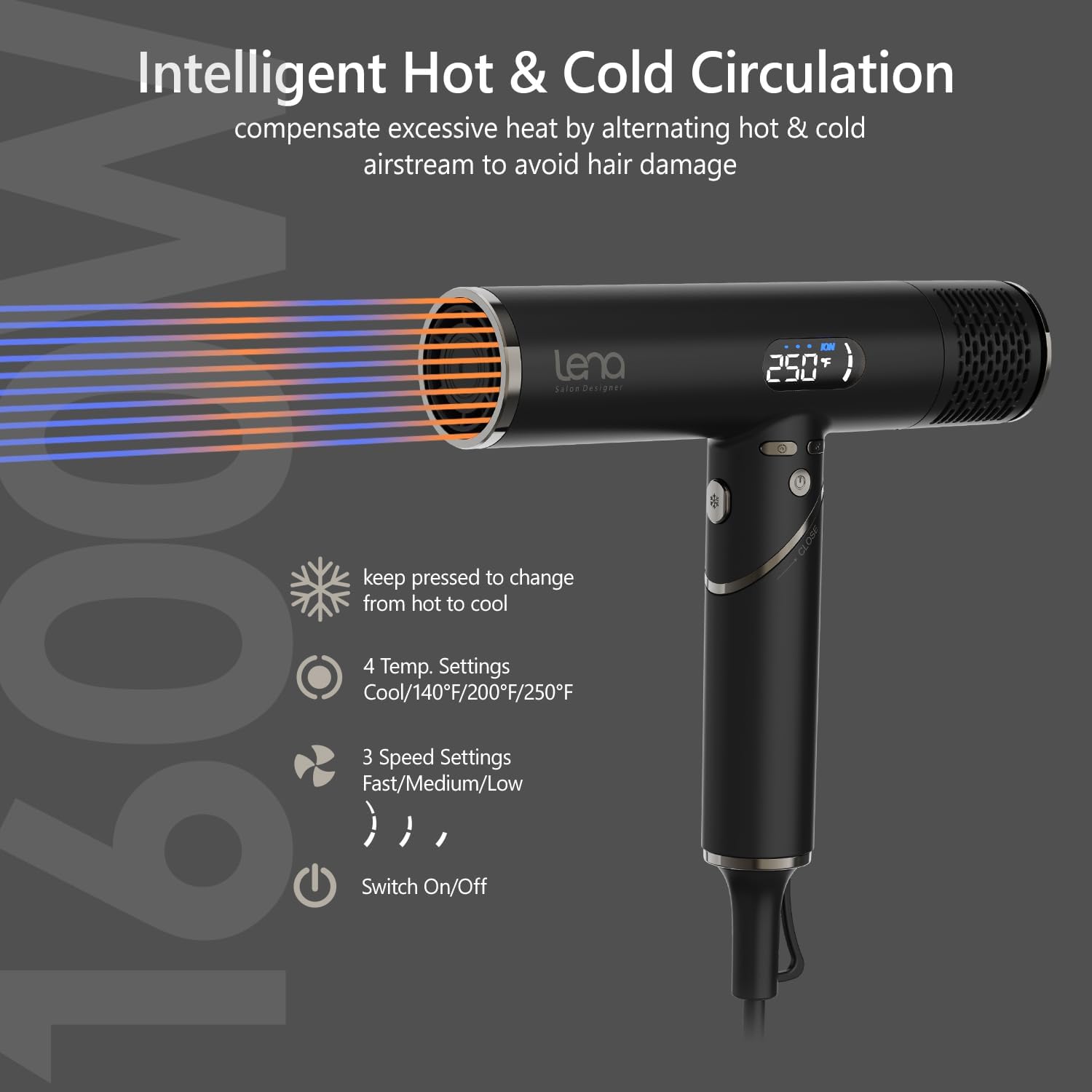 LENA Travel Hair Dryer Powerful Blow Dryer | Ionic Foldable Hairdryer | Lightweight & Fast Drying with High-Speed Brushless Motor, Ion Tech., LED Display, Magnetic Nozzles | Protects Hair as You Dry - Image 4