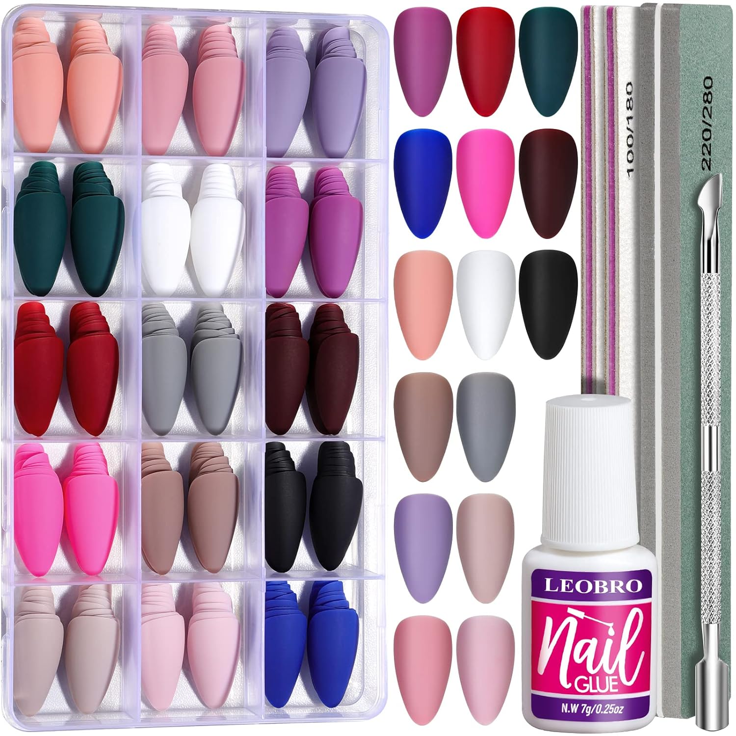 LEOBRO Press on Nails Almond Medium, 15 Pack 360PCS Almond Press on Nails Matte, Almond Shaped Acrylic Fake Nails Press on False Nails Medium Full Cover, 10 Sizes Stick Glue on Nails for Women Girls