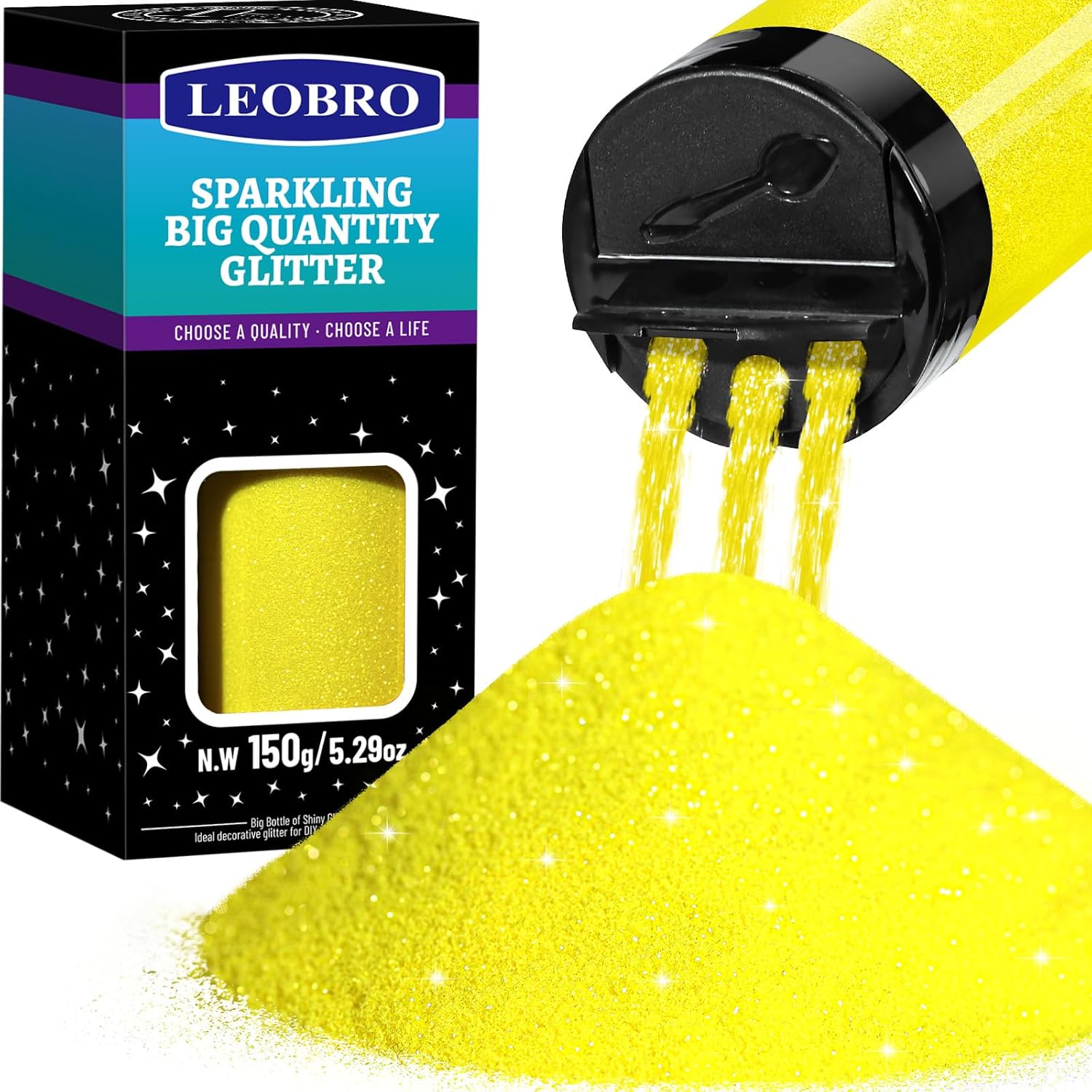 LEOBRO Yellow Glitter, Glitter, 150g/5.29oz Extra Fine Glitter, Resin Glitter Powder, Nail Body Craft Glitter for Resin Arts Crafts Party Decor, Fluorescent Yellow Glitter
