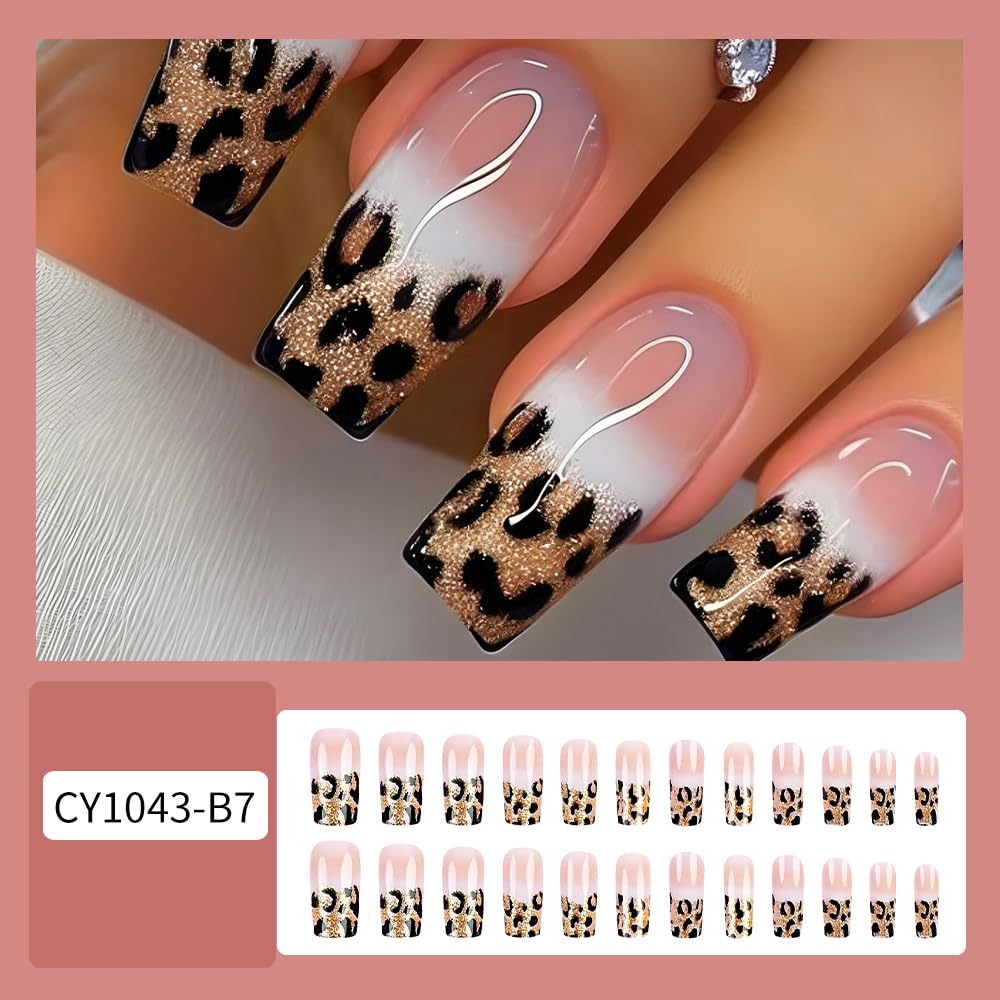 Leopard Press on Nails Gold Glitter Fake Nails Medium Square False Nails with Design Nude Gradient Glue on Nails Acrylic Nail Full Cover French Tip Stick on Nails for Women Nail Art Decoration 24Pcs - Image 2