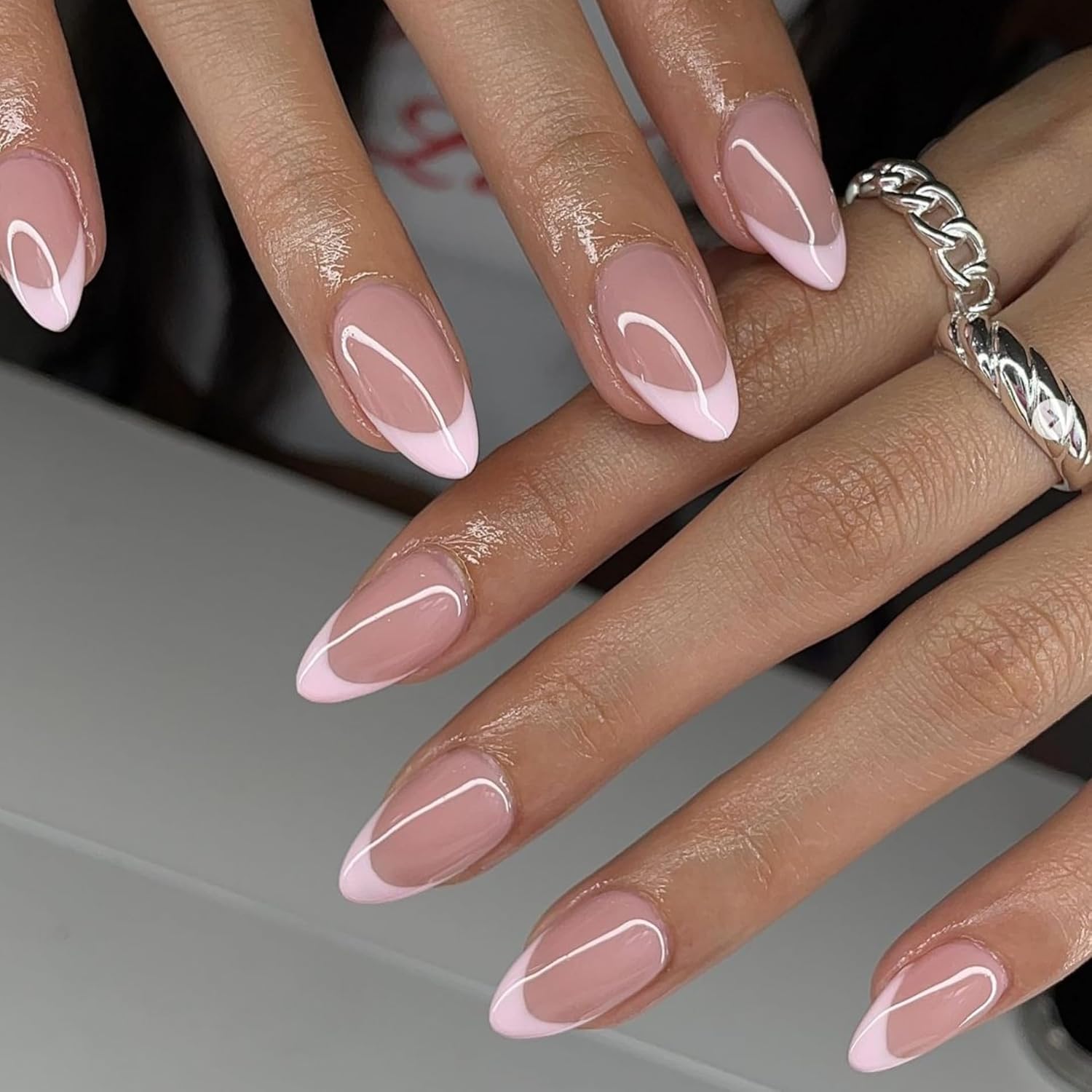 Light Pink French Tip Press on Nails Short Almond Nails Press ons French Tip Glue on Nails for Women DIY Acrylic Gel Nail Natural Thick Extra Short Fake Nail 30Pcs 15 Sizes