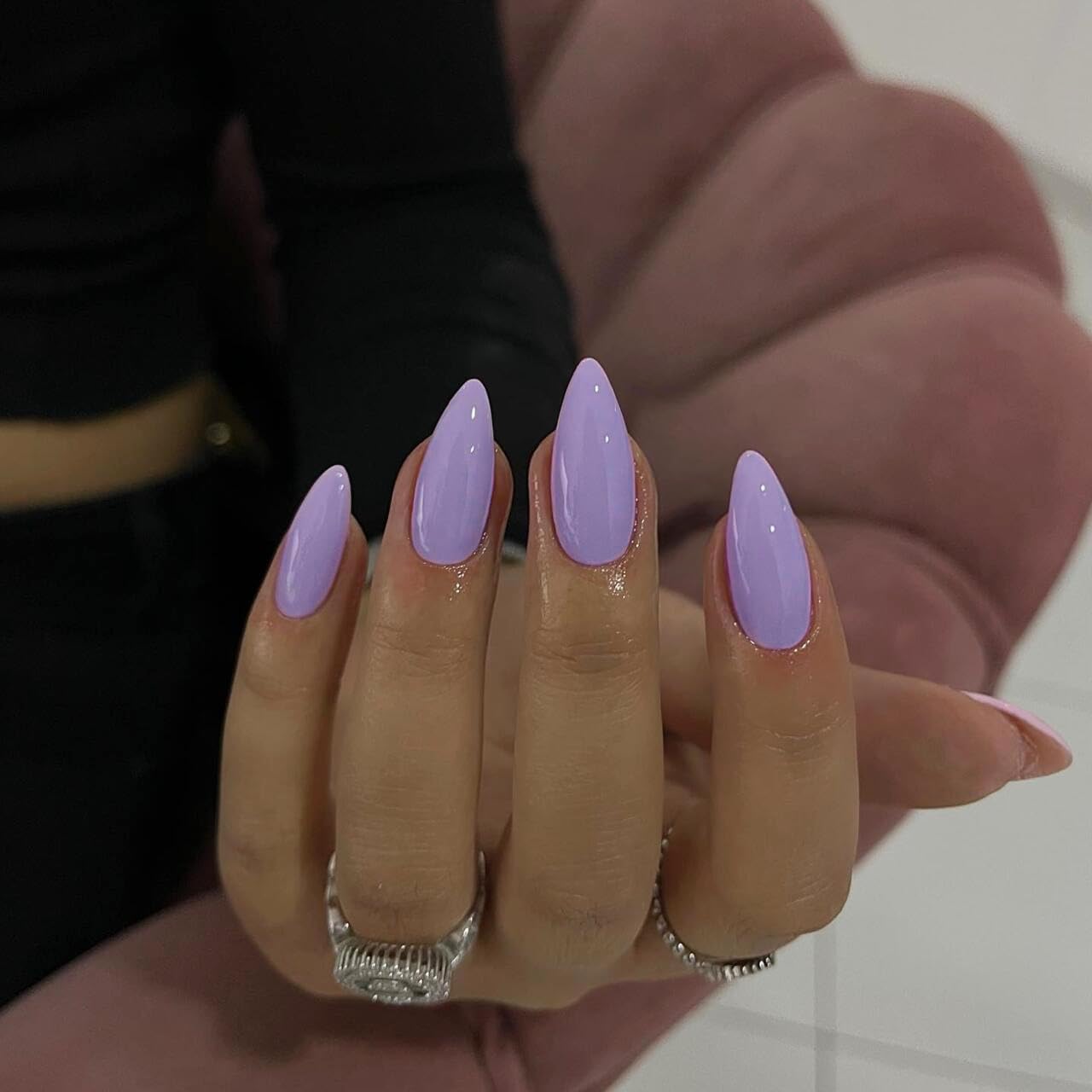 Light Purple Press on Nails Almond Shaped Medium Almond Nails Press on Neutral Acrylic Nails Reusable Fake Nails for Women Girls, Glue on Nails Medium Length Stiletto False Nails Gel Artificial Nails - Image 3