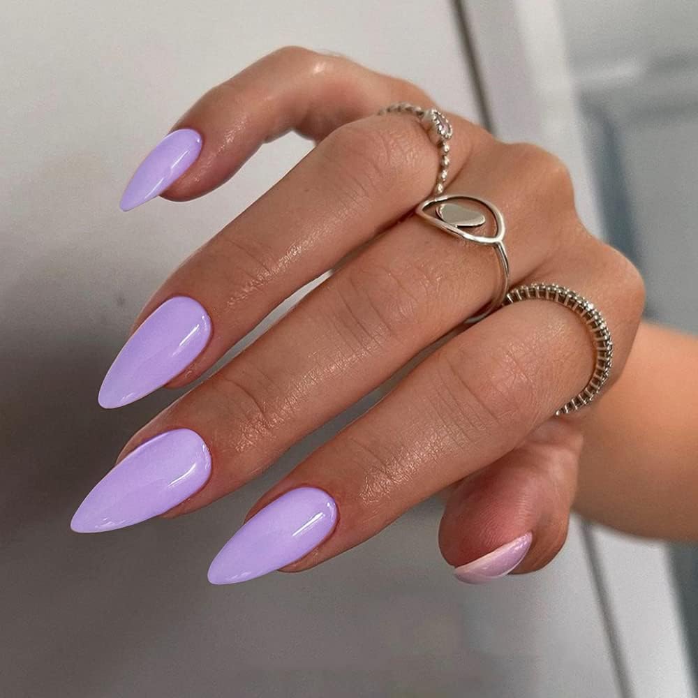 Light Purple Press on Nails Medium Stiletto Almond,KQueenest Pure Color Acrylic Nails Kit Reusable Fake Nails with Feature Protective UV Coating for Women Nail Art Manicure in 24PCS - Image 2