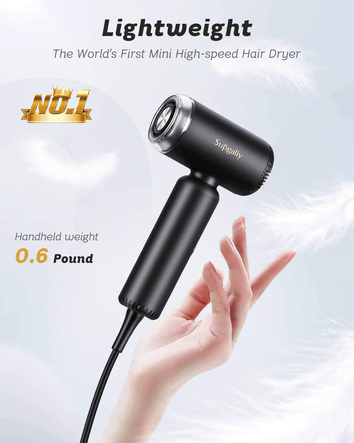 Black Lightweight Mini Ionic Hair Dryer with Brushless Motor and Magnetic Attachments - Image 2